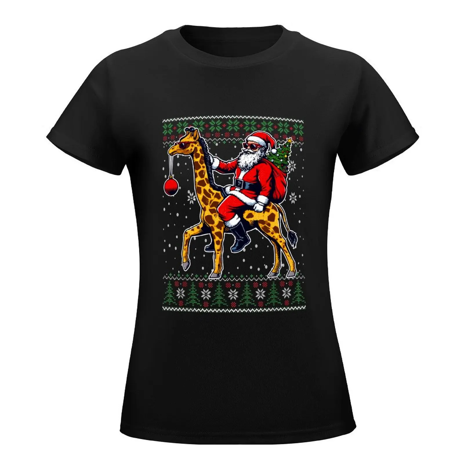 Christmas Santa Riding Giraffe Ugly Christmas Sweater T-Shirt oversized tees animal prinfor graphics t shirt for Women