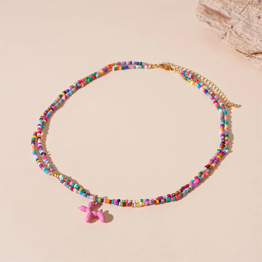 Dopamine Color Cartoon Puppy Double Layer Beaded Necklace European American Cute Sweet Temperament Accessories for Women