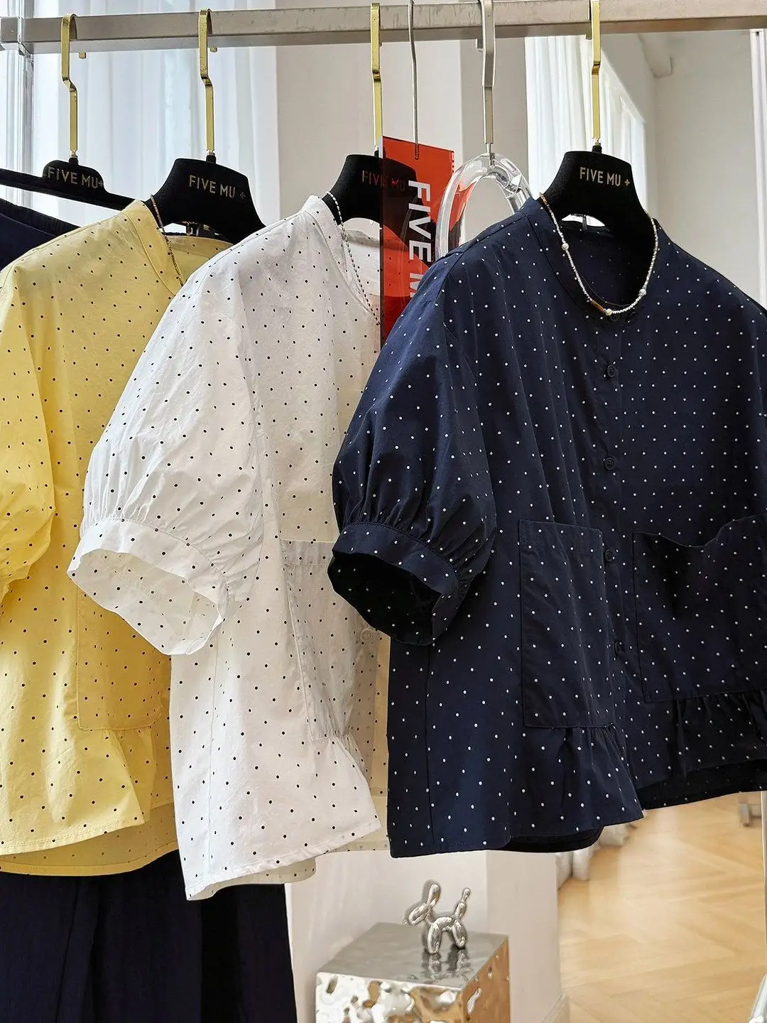 Polka Dot Print Bubble Sleeve round Neck Casual Style Slimming Top Summer New Arrival Versatile Doll Shirt Women's Fashion