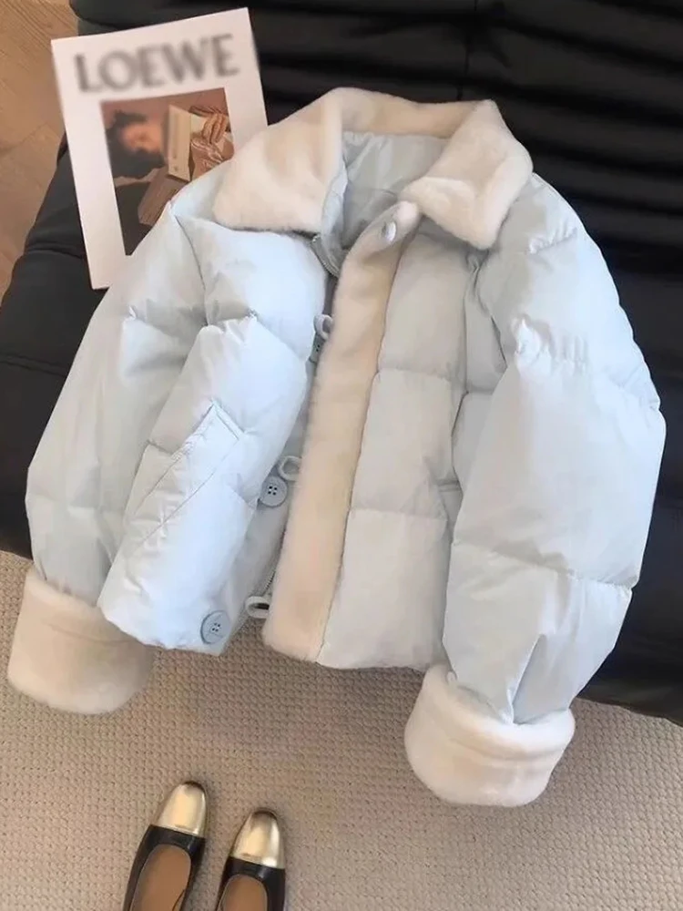 

Женские милые синие парки, зимняя мода, лоскутное корейское пышное пальто с длинными рукавами, женская толстая теплая свободная милая куртка в консервативном стиле