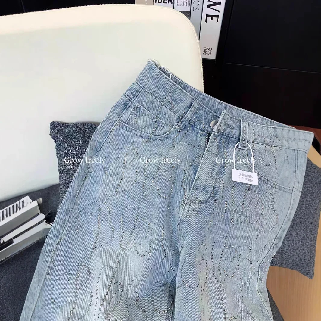 High Waist Shiny Rhinestone Design Loose Fit Straight Leg Jeans Versatile Casual Spring Fashion Women's Sparkling Long Pants
