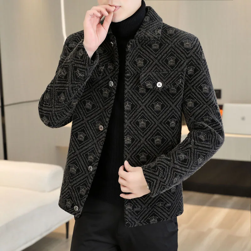 

Новая зимняя мужская куртка из золотистого норкового бархата, повседневное деловое шерстяное пальто с модным воротником-стойкой для молодежи