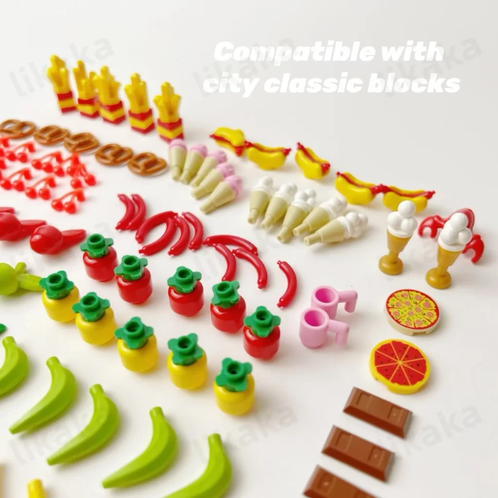 MOC Food Accessories Building Blocks Compatible City Friends Fruit Bread Chips Pizza Blocks Bricks Parts Toys for Kids DIY Toys