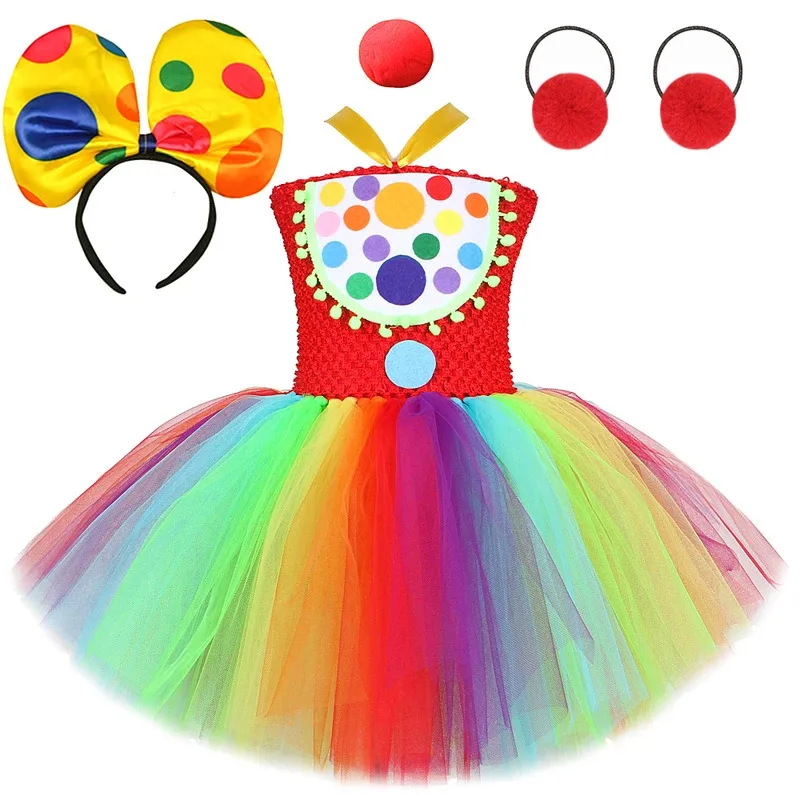 

Радужные цирковые костюмы клоуна для девочек, нарядное платье на Рождество и Хэллоуин для детей, новогодний праздничный наряд, одежда Джокера с носом