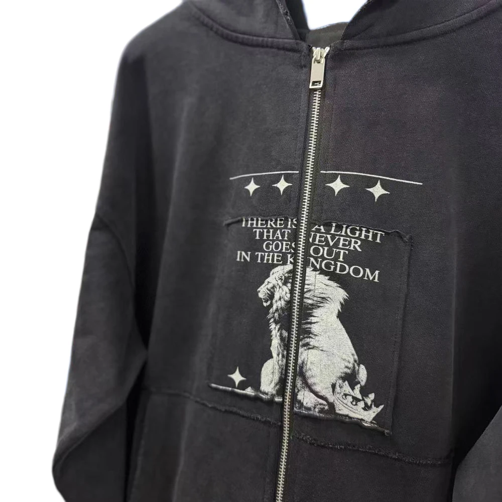 New Y2k Streetwear Oversized Subculture Graphic Zip Up Hoodies Hiphop Street Style Heavy Weight Cotton Distressed Casual Hoodies