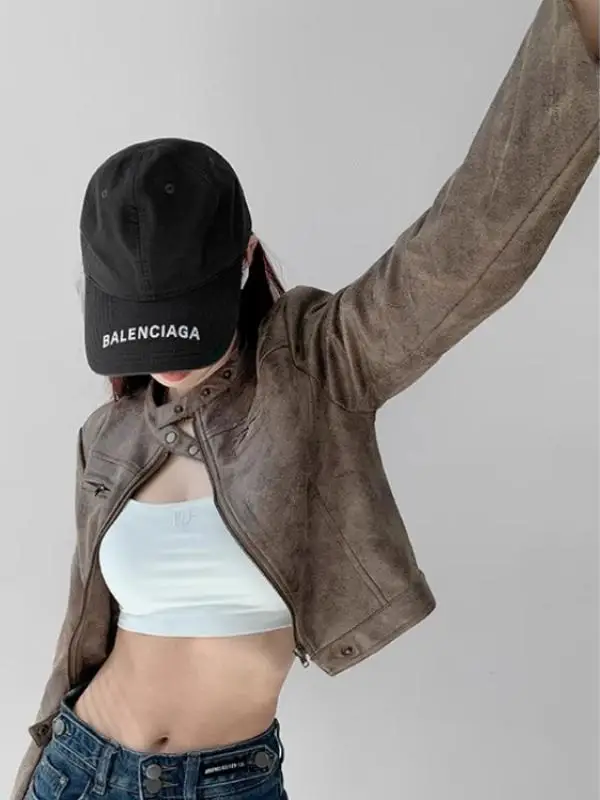 แจ็คเก็ตหนังวินเทจสไตล์สตรีท ทรงเข้ารูป ซิปหน้า สำหรับผู้หญิง สไตล์ไบค์เกอร์ สีแดง แนวเรโทร สำหรับสาวสุดฮอต แจ็คเก็ตมอเตอร์ไซค์แบบมีซิป