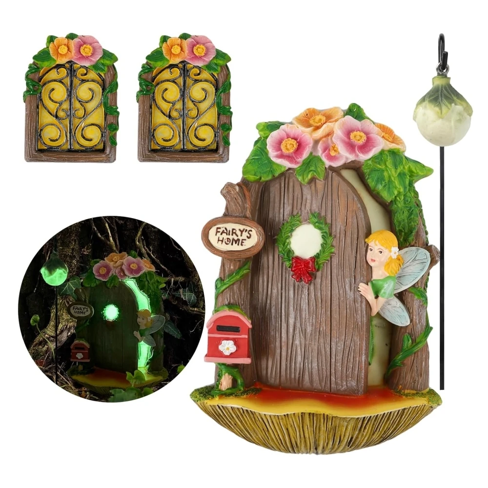 Fairy Mushroom Fairy Door and Windows for Trees Glow in The Dark Yard Garden Sculpture Lawn Ornament Outdoor Decor Accessories