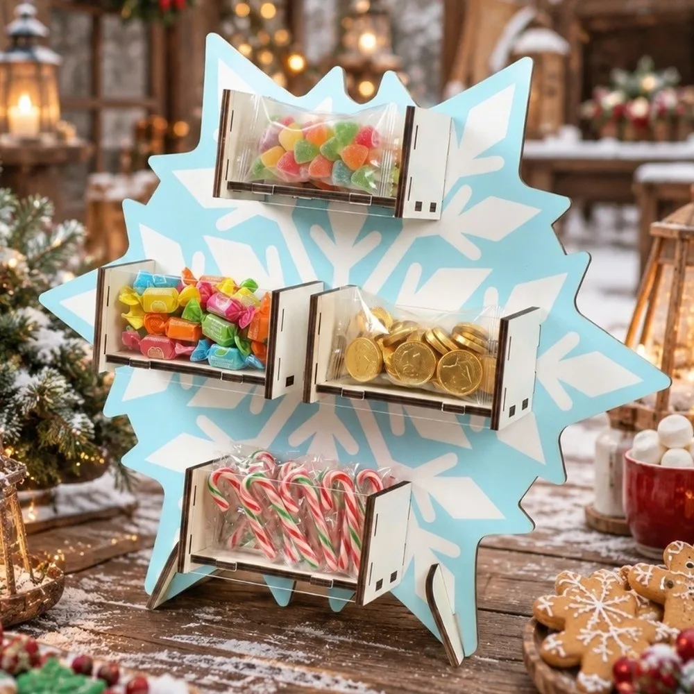 Atmosphere Xmas Tree Christmas Candy Display Rack Santa Claus Snowflake Desktop Ornament Decoration Wooden Storage Rack Table