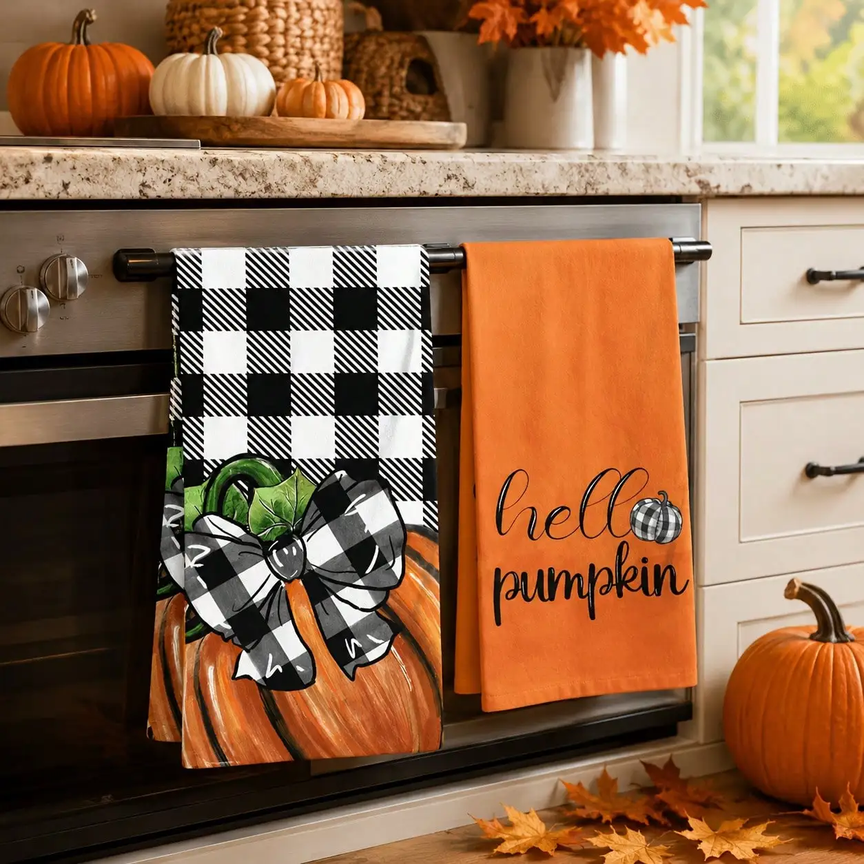 Fall Kitchen Towels Dish Towels Decorative Set, Pumpkin Buffalo Plaid Check Autumn Decoration Hand Towels, Farmhouse Thanksgiving Kitchen Dishcloth For Cooking