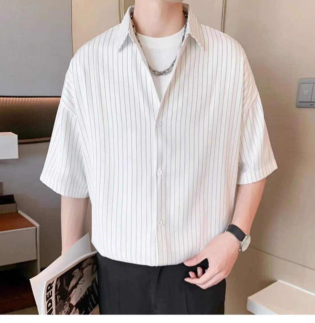 Striped Shirt men Japanese Casual Oversize Trend Black Unisex gothic Short Sleeved Blouses