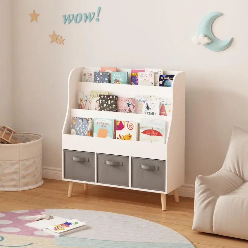 Bibliothèque pour enfants avec 3 bacs en tissu, organisateur d'affichage de livres en bois blanc pour les tout-petits et les enfants, support pour livres sur le devant avec