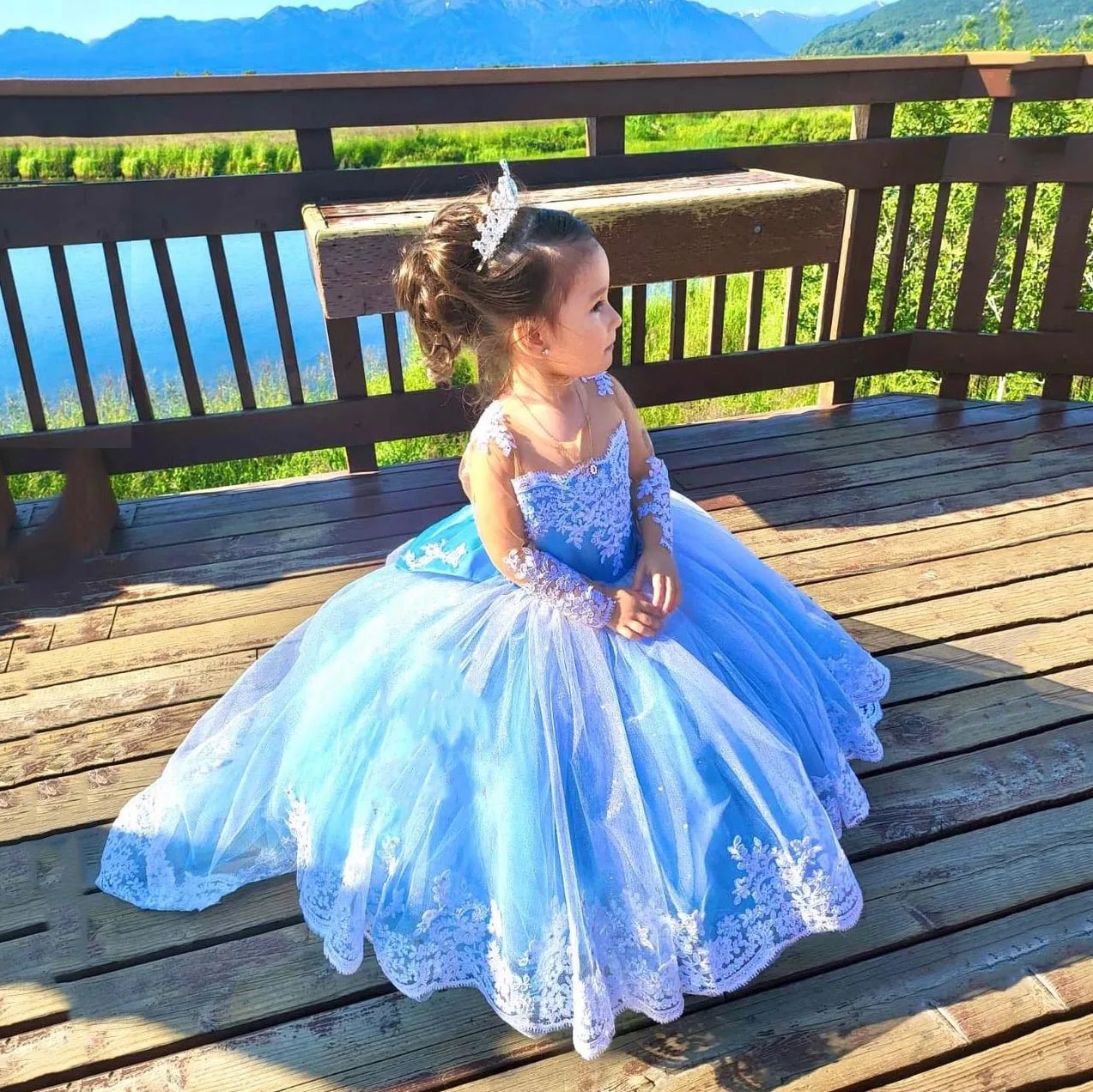 Sky Blue Dress for Flower Girl Long Sleeves Princess Pageant Dress Toddlers Lace Tulle First Communion Wedding Party Ball Gowns