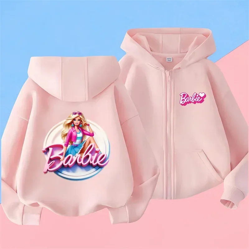 Disney Barbie-ropa deportiva informal con cremallera para niños, conjunto de sudaderas con capucha de 2 piezas, sudadera, pantalones, chándal, Tops para niños