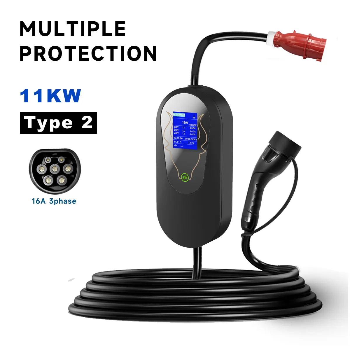 JIGU 11KW 16A 3 Phase Type2 Portable Electric Vehicle Charger CEE Plug EVSE Charging Equipment Cable 5m Electric Car EV Charger