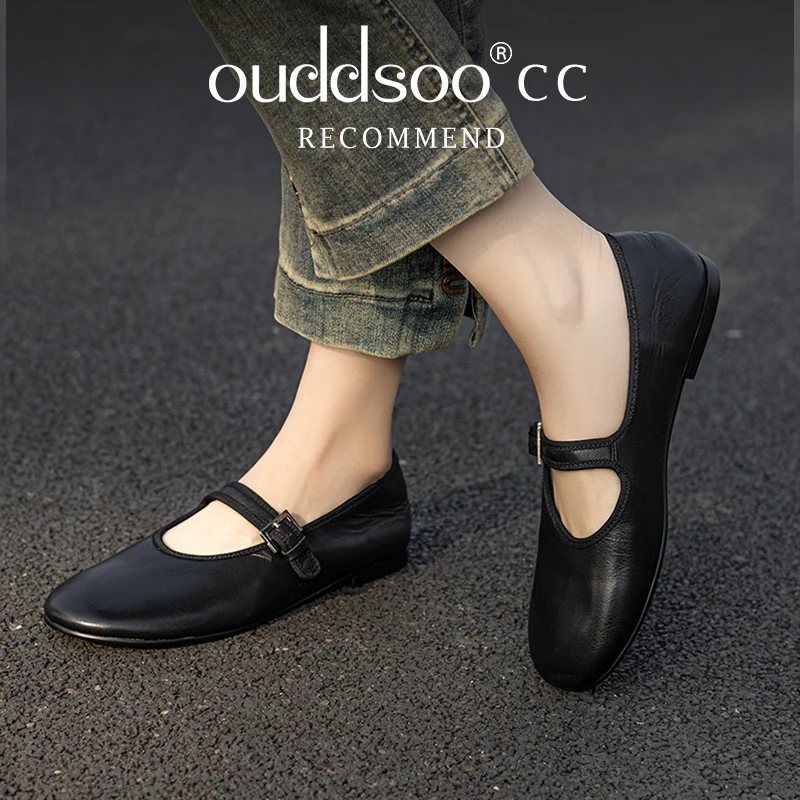Ods Women Genuine Leather Mary Janes Flats Round Toe Buckle Concise Glove Shoes Ladies Fashion Casual Shoes Spring leopard print