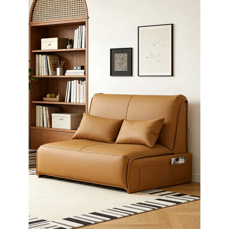Leather sofa bed double foldable storage function bedroom light luxury household sofa bed
