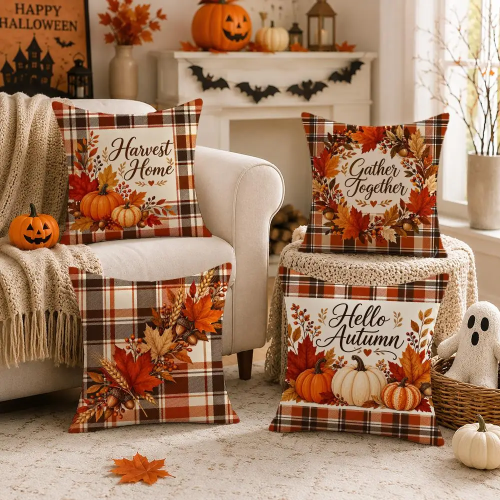 Amber Autumn Plaid Cushion Cover 1/4PCS Short Plush Pillow Cover Set Soft Decorative Cushion Case for Sofa Bed Home Decor
