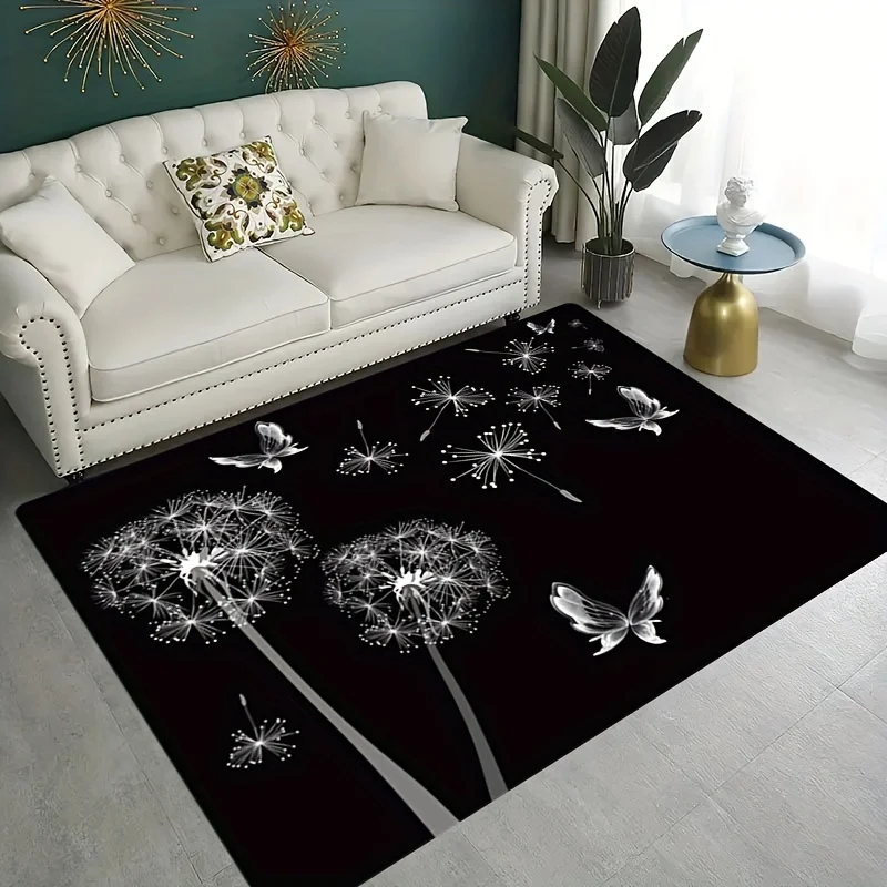 Black Dandelion Doormat, White Flower Butterfly Entrance Rug, Modern Nordic Living Room Carpet, Non-Slip Floor Mat Home Decor