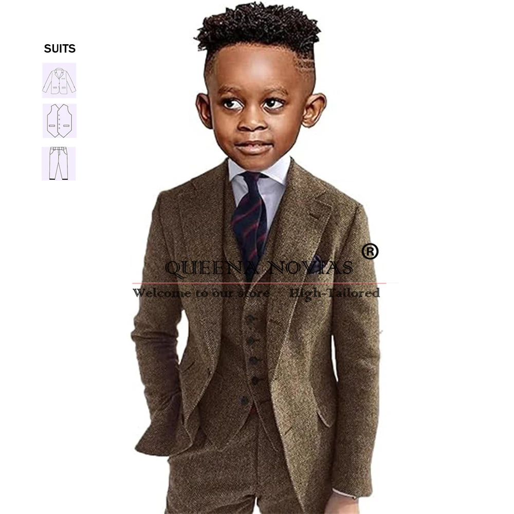 Elegant Boys' Attire Wedding Tuxedos Herringbone Tweed Woolen Jacket Vest Pants 3 Piece Children Party Clothing Kids Prom Blazer