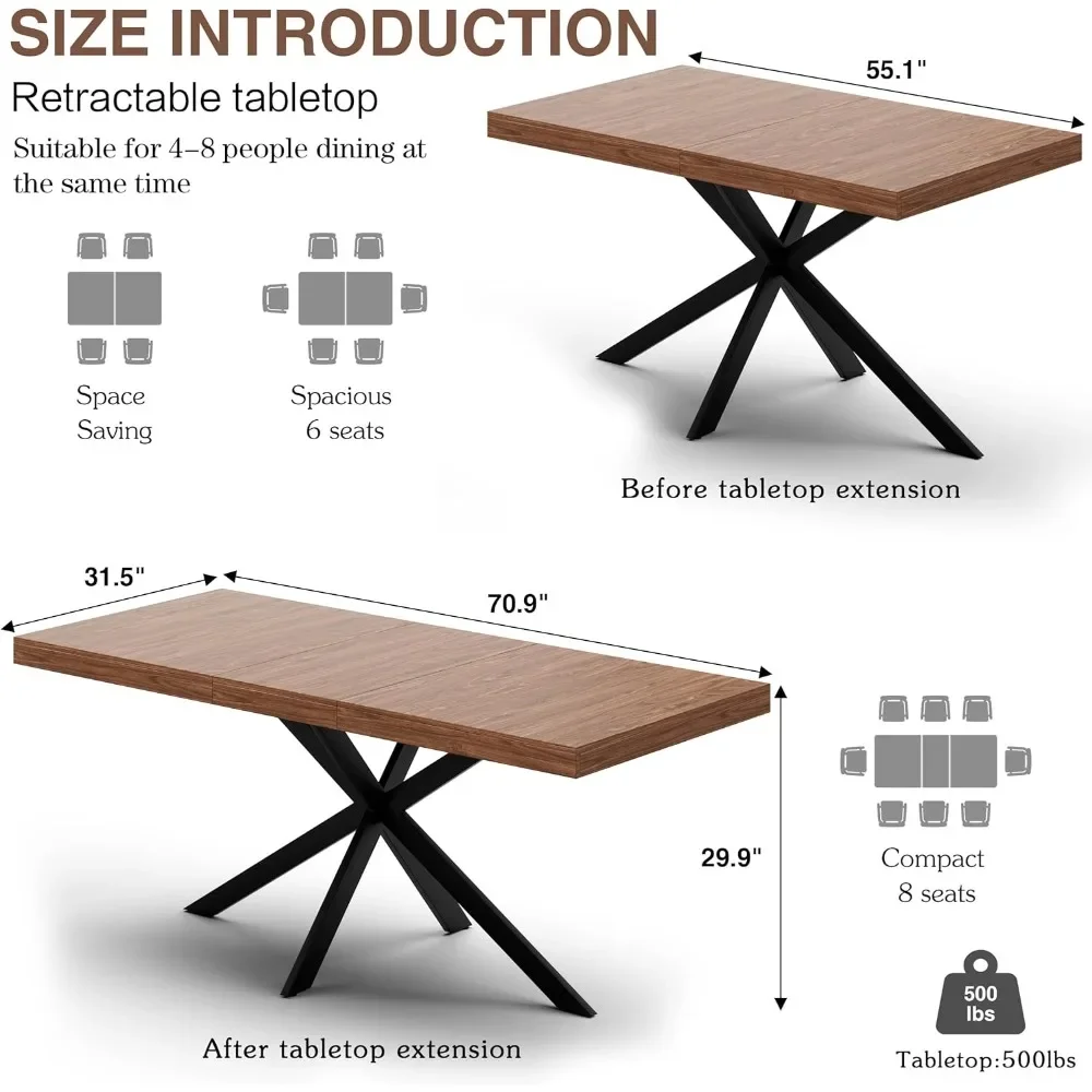Extendable Dining Room Table for 4 5 6 7 8 People, 55''-70.9'' Wooden Rectangle Expandable with Hidden