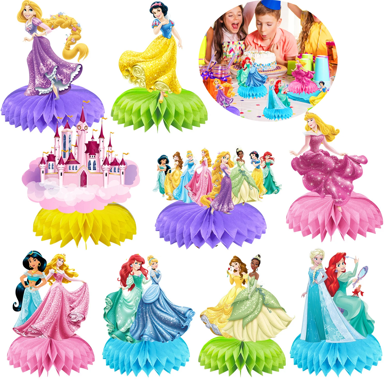 Cartoon Princess Cinderella Honeycomb Centerpieces for Paper 3D Tables Decorations Flower Balls Ornaments Hanging Party Supplies