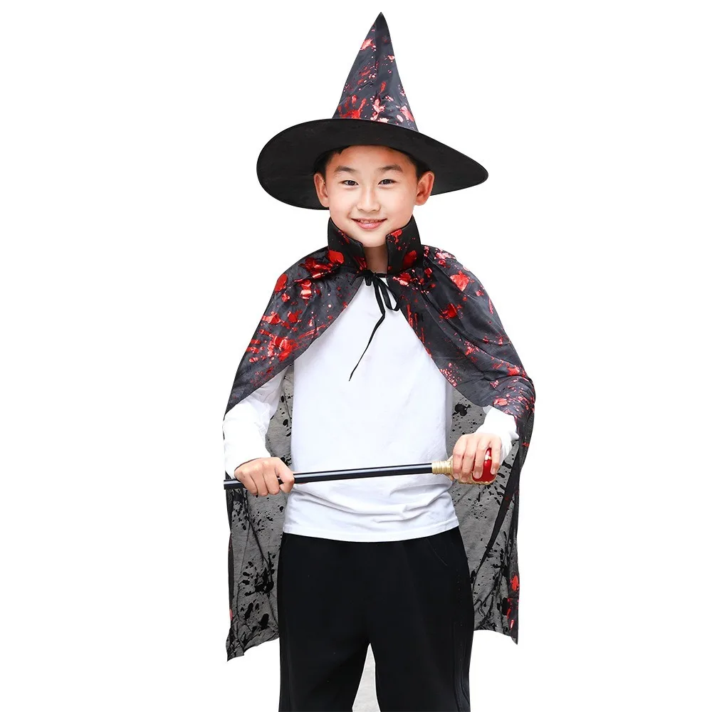 

Blood Printed Witch Cloak Hat Set Black Masquerade Halloween Blood Costume Costume Accessories Cosplay Props Horror Cape School