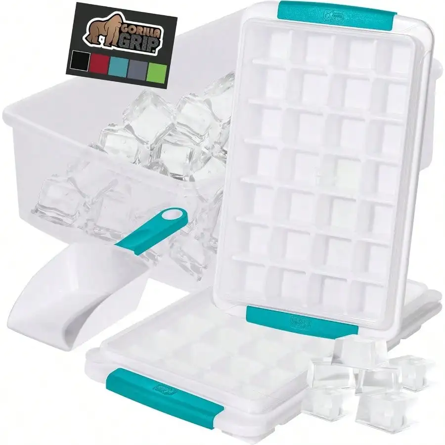 

Easy Release Ice Cube Tray For Freezer, Make Lots Of Ice, 56 Cubes Total, Kit Includes 2 Stackable Leakproof Trays With Lid And Soft Handle Grips, Scooper, Bin, Turquoise