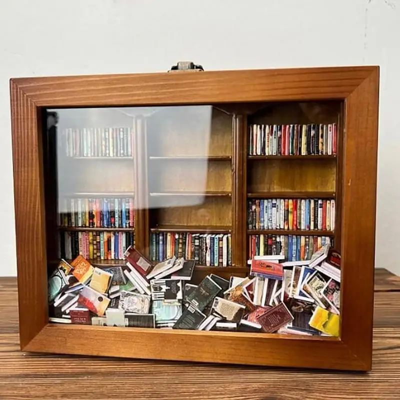 new Miniature Bookshelf Anxiety Stress Reliever Wooden Library Diorama Ornament Decompress Birthday Frame Box Display Cabinet