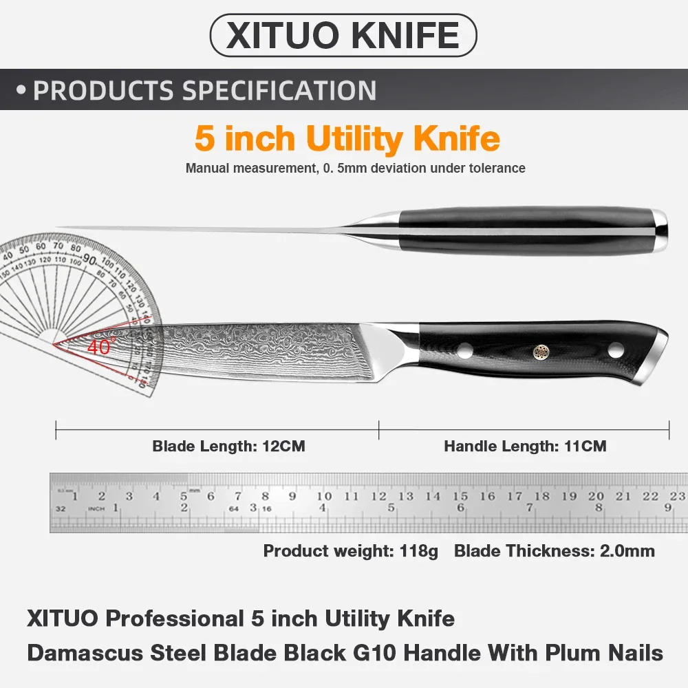 XITUO 5 Inch Utility Knife Japanese Damascus Steel Sharp Kitchen Multifunctional Paring Knife Black G10 Handle Sharp Fruit Knife