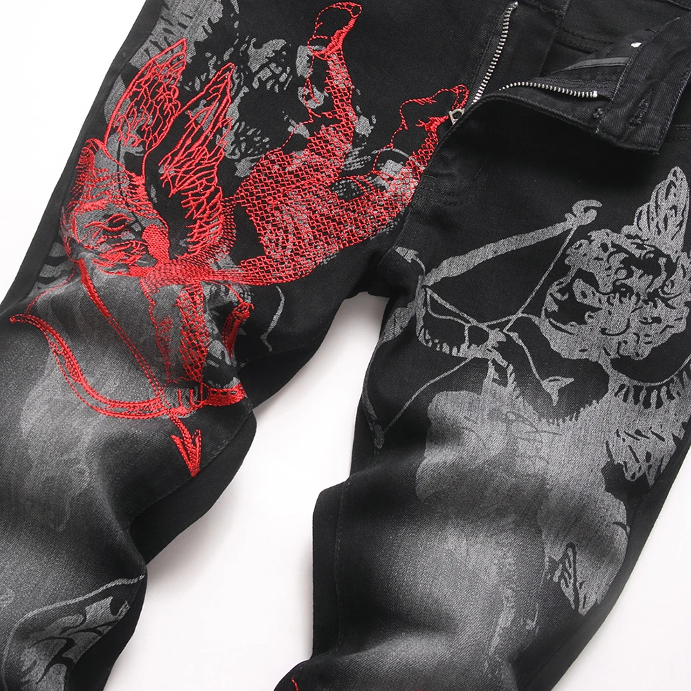 Men's Embroidery Printed Denim Jeans Streetwear Black Stretch Spandex Pants Slim Boot Cut Flared Trousers view 3