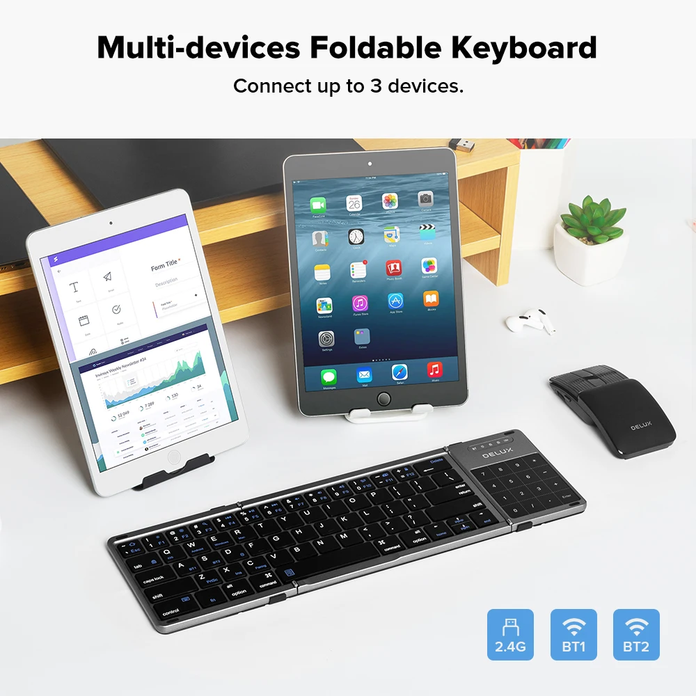 Delux KF18 Foldable Keyboard Multi-Devices Pocket-Sized with 2-in-1 Touchpad Numeric Keypad for iPad Android Laptop and Table