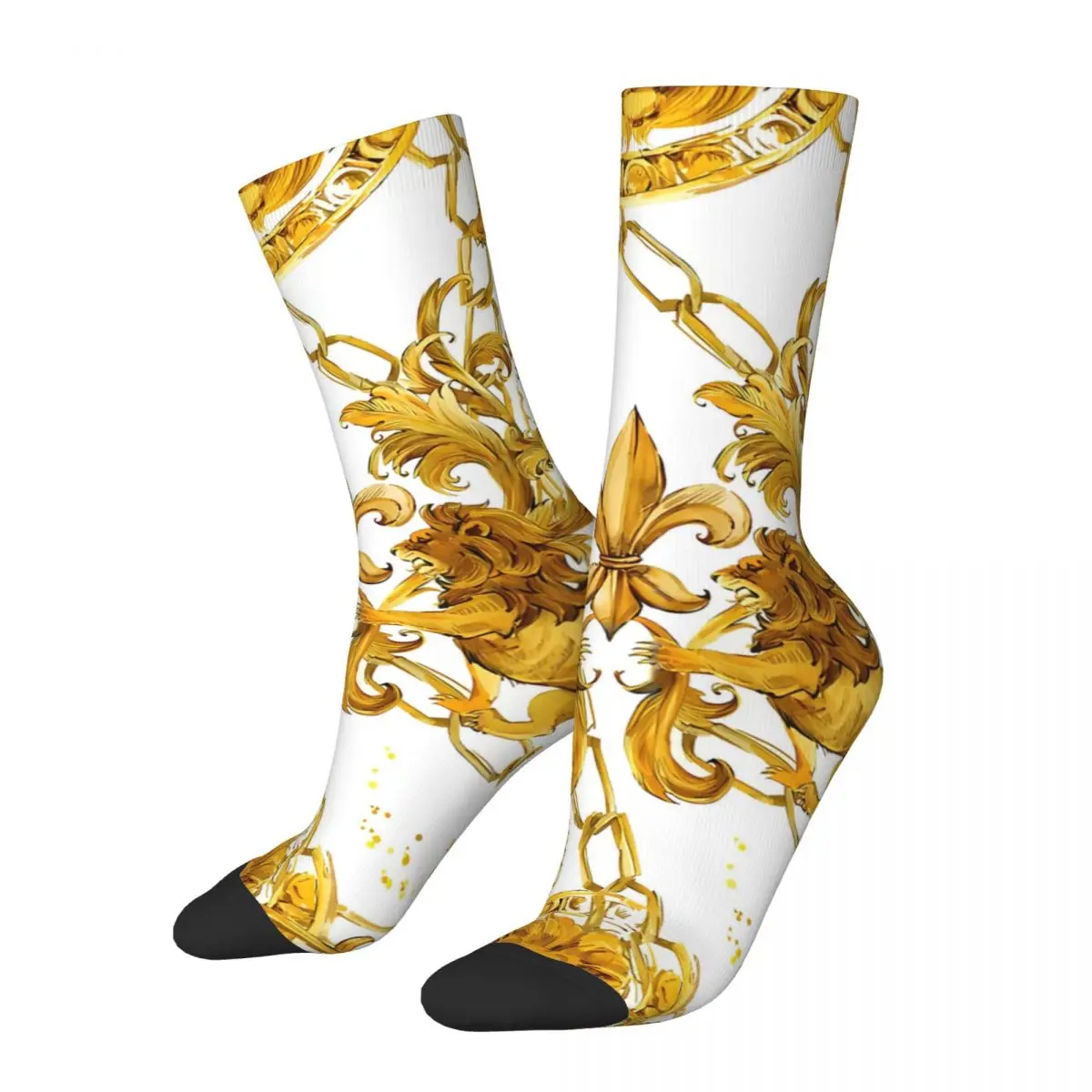 Vintage Luxury Textile Men\'s Socks Golden Lion And Damask Unisex Novelty Seamless Printed Happy Crew Sock Gift