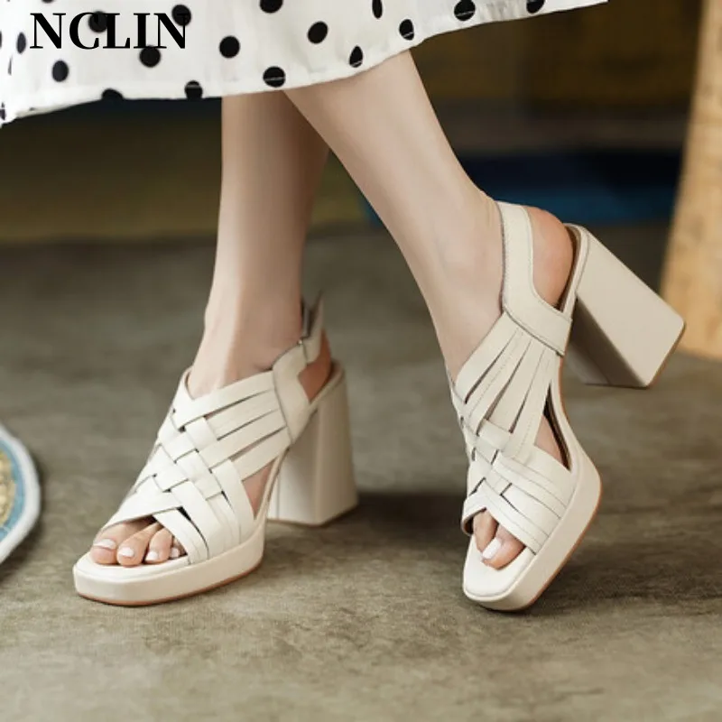 New Genuine Leather Women Sandals Chunky Heel Buckle Strap Platform Sandals Pumps For Women Summer Casual GLADIATOR Women Shoes