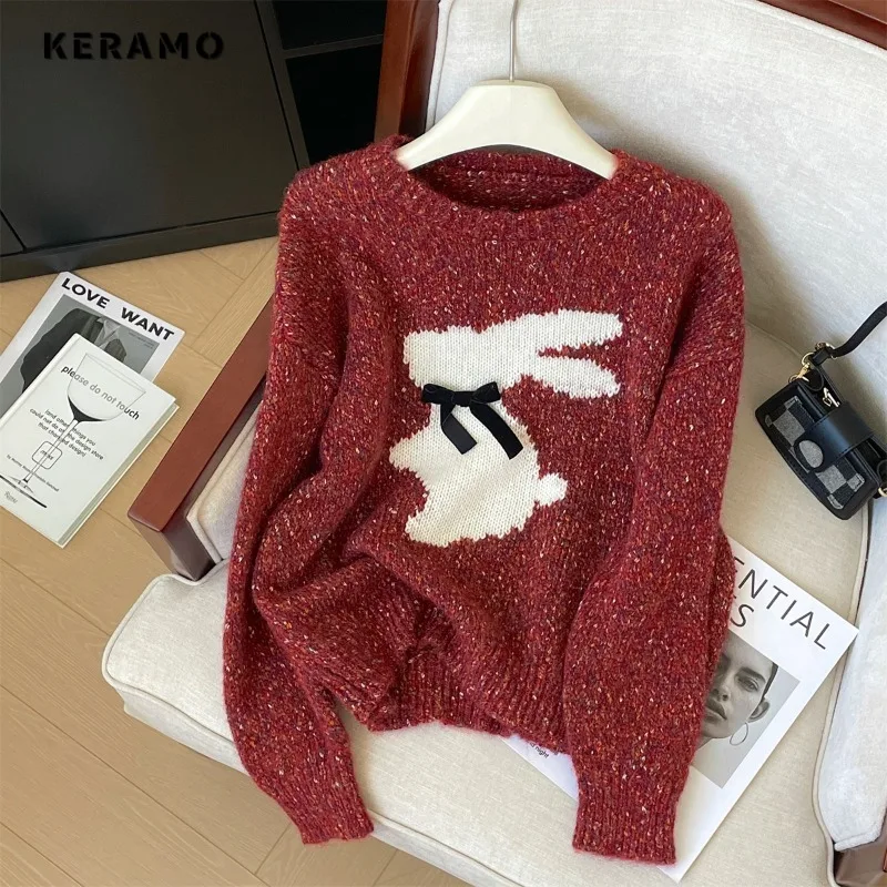 

Women's Vintage Knitting Long Sleeve Casual Bow Pullovers 2023 Winter Round Neck Printting Ladies Loose Female Red Sweater Top