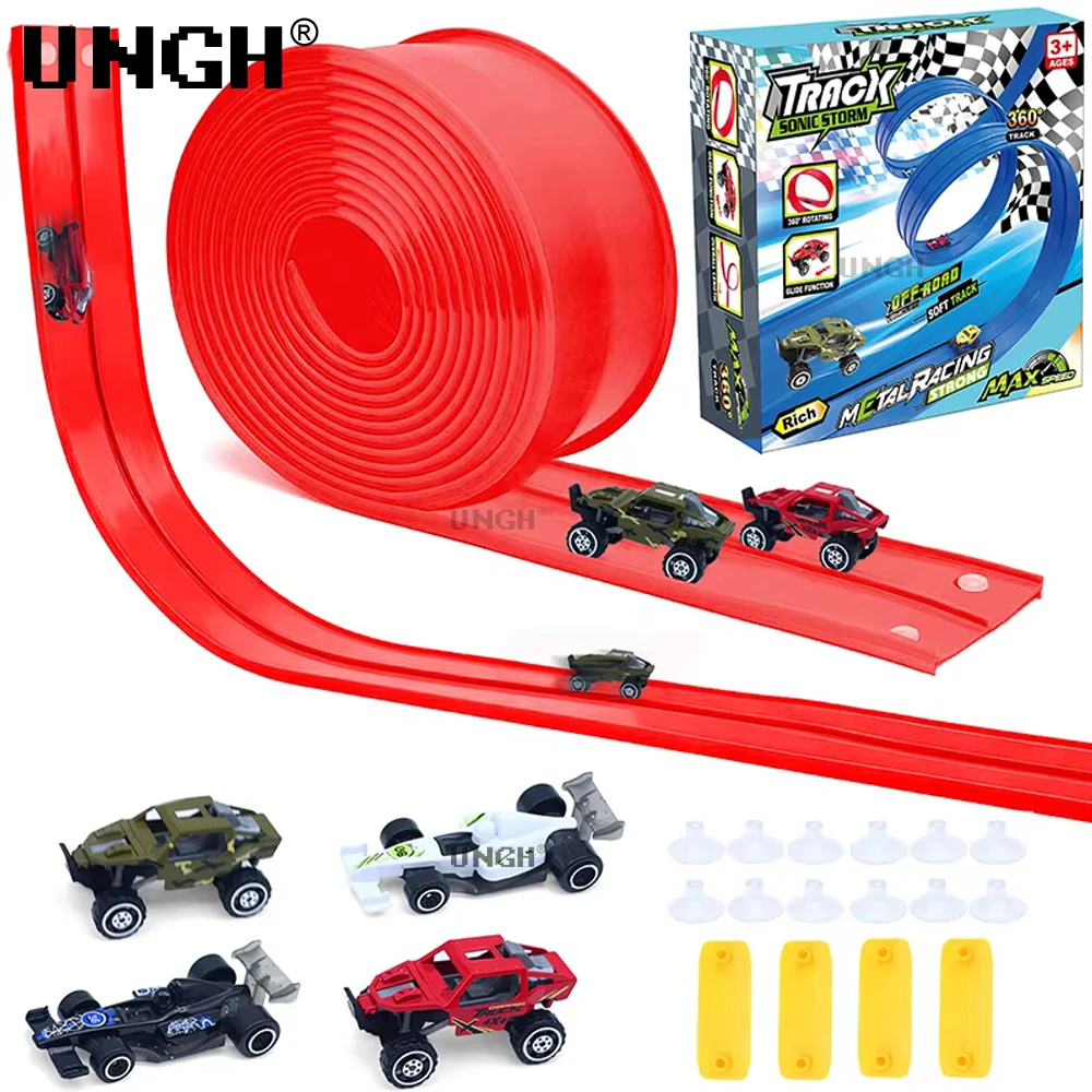 Flexible Race Track Toy DIY Double-track Racing Car Track 4 Shock-Resistant Toy Cars Roll Up Race Track for Kids Game Gift