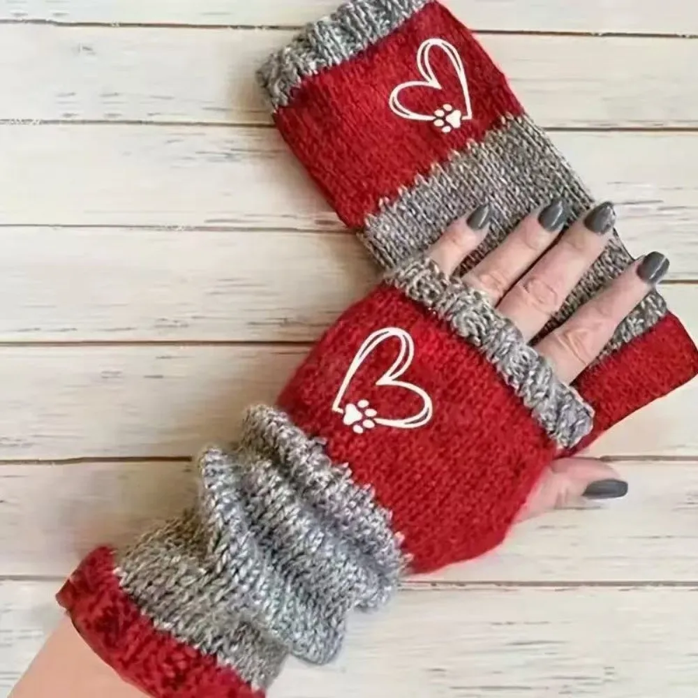 Elastic Cuffs Fingerless Gloves Trendy Paw Print Gloves Sleeve Covers Thickened Heart Printed Knitted Decorative Gloves Daily
