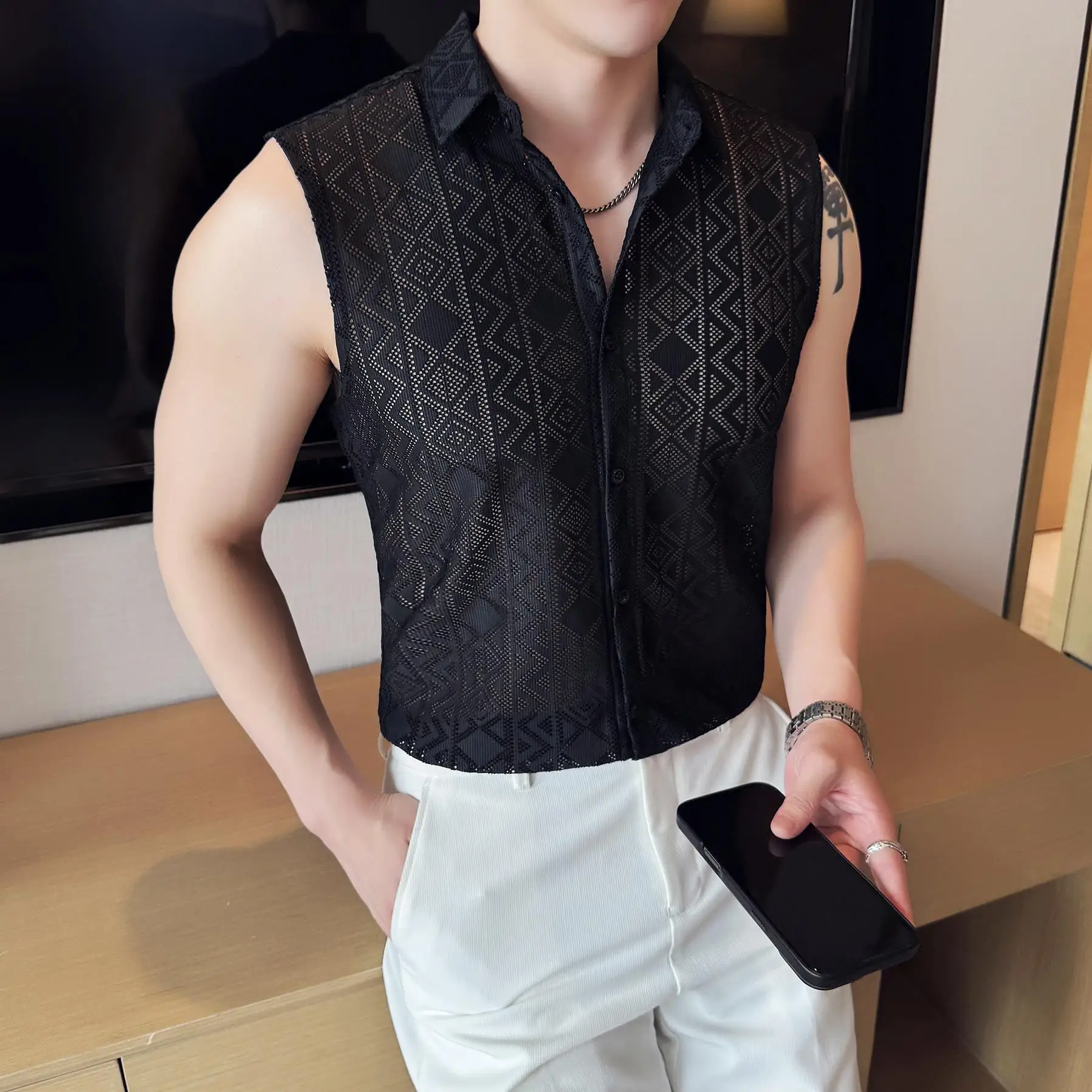 Summer Hollow Vest Shirt Men Fashion Casual No Ironing Sleeveless Shirt Casual Social Nightclub Shirts Streetwear Men Clothing
