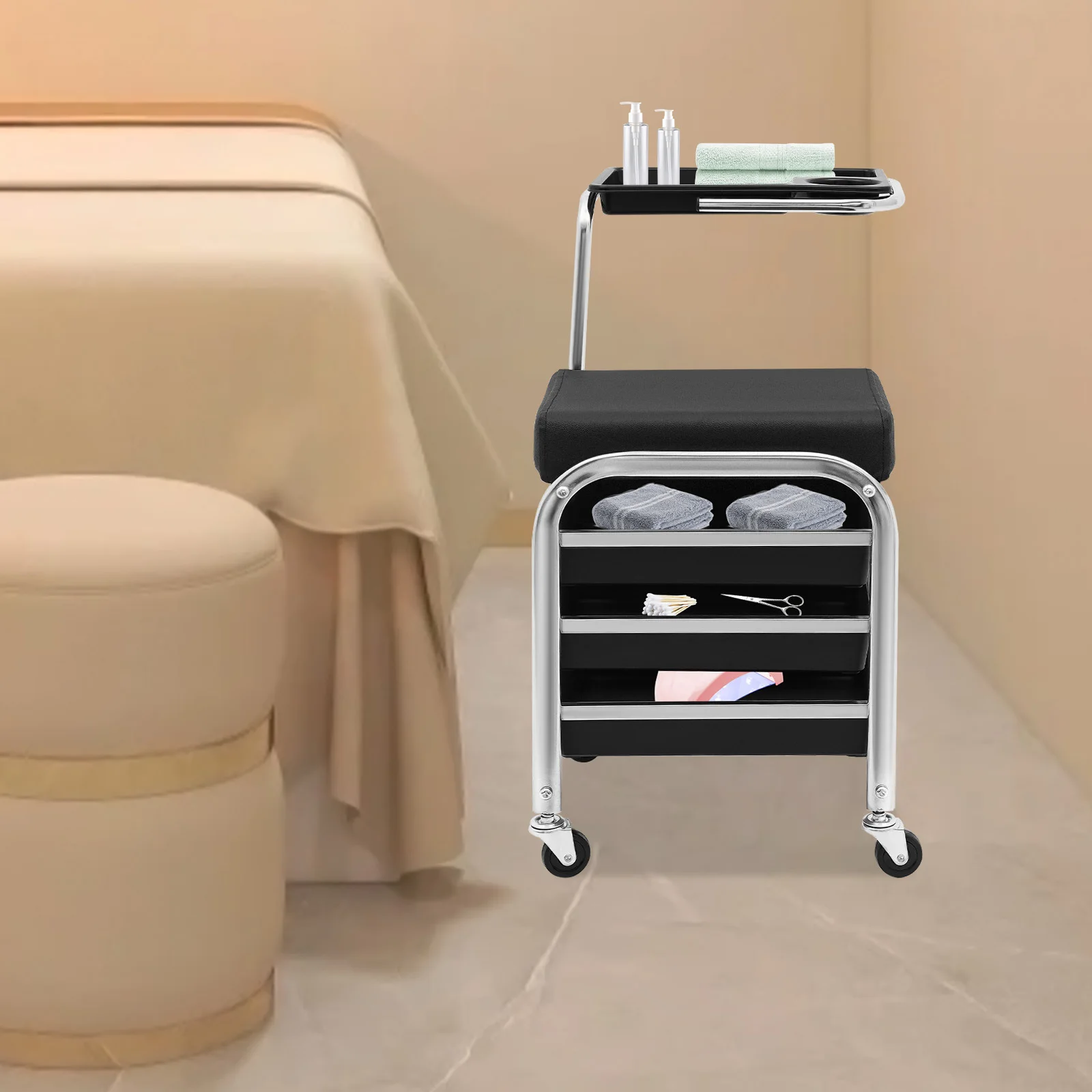 

Black Nail Tool Cart with Built-In Seat for Modern Salon and Studio Use