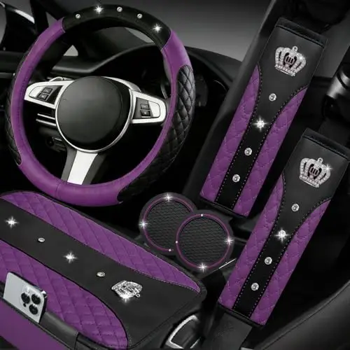 

NBTEPEM 6PC Purple Bling Car Accessories Set – Universal Leather Steering Wheel Cover & More