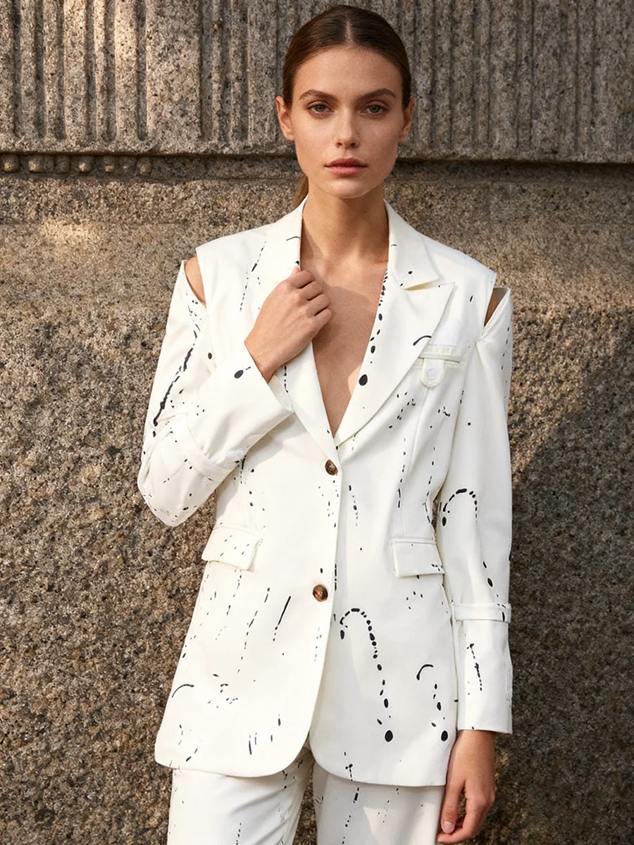 TWOTWINSTYLE Printing Hollow Out Spliced Buttons Temperament Blazers for Women Lapel Off Shoulder Long Sleeves Blazer Female New