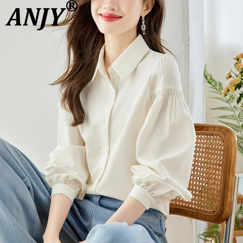 

ANJY Spring Autumn New Women Trendy French Style Sweet Pleated Chiffon Blouse Niche Design Puff Sleeve Chic Elegant Shirt A20090