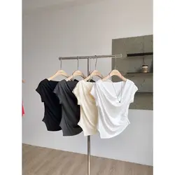슬림핏 모달 티셔츠 한국 스타일 반팔 드로스트링 허리 디자인 통기성 땀 흡수 여름 신상 여성 상의
