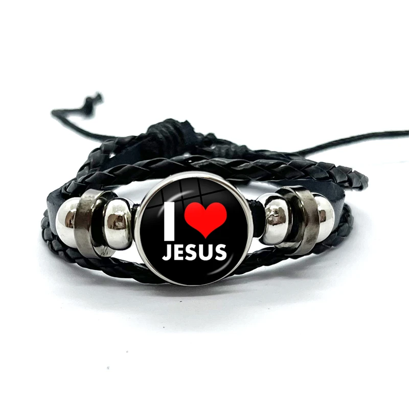 I Love Jesus Leather Charm Bracelet Glass Dome Snap Button Bracelet & Bangles Fashion For Women Men Gifts