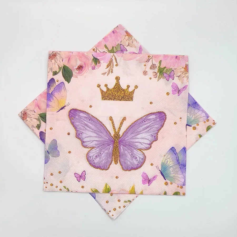 20pcs 33cm 2Layer Purple Butterfly Gold Crown Printed Napkins Party Atmosphere Pink Paper DIY Decoupage Paper