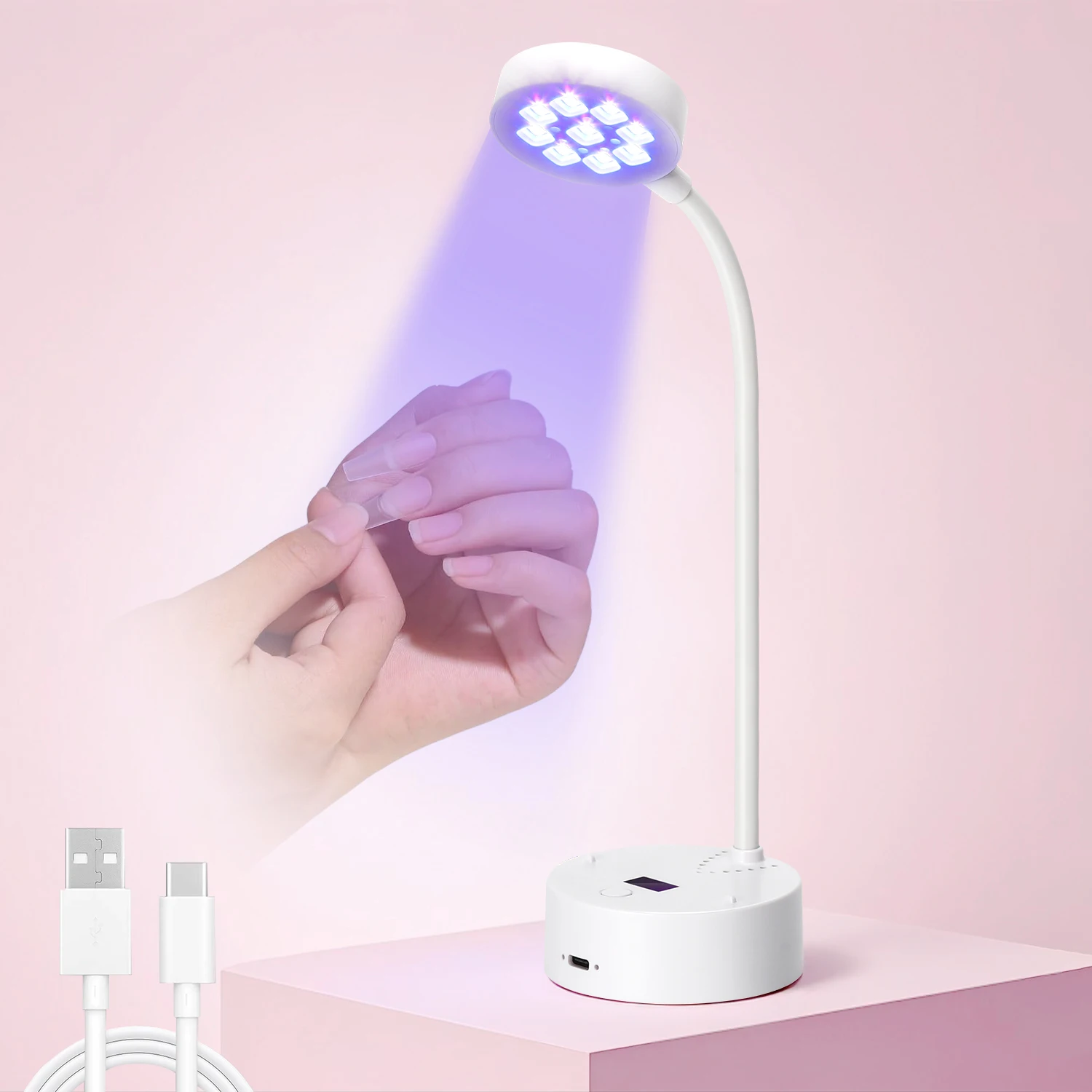 

Гибкая УФ-светодиодная лампа для ногтей на гибкой стойке — 360° ° Регулируемый, двойной источник света с 9 бусинами, аккумуляторная батарея емкостью 800 мАч с держателем для телефона