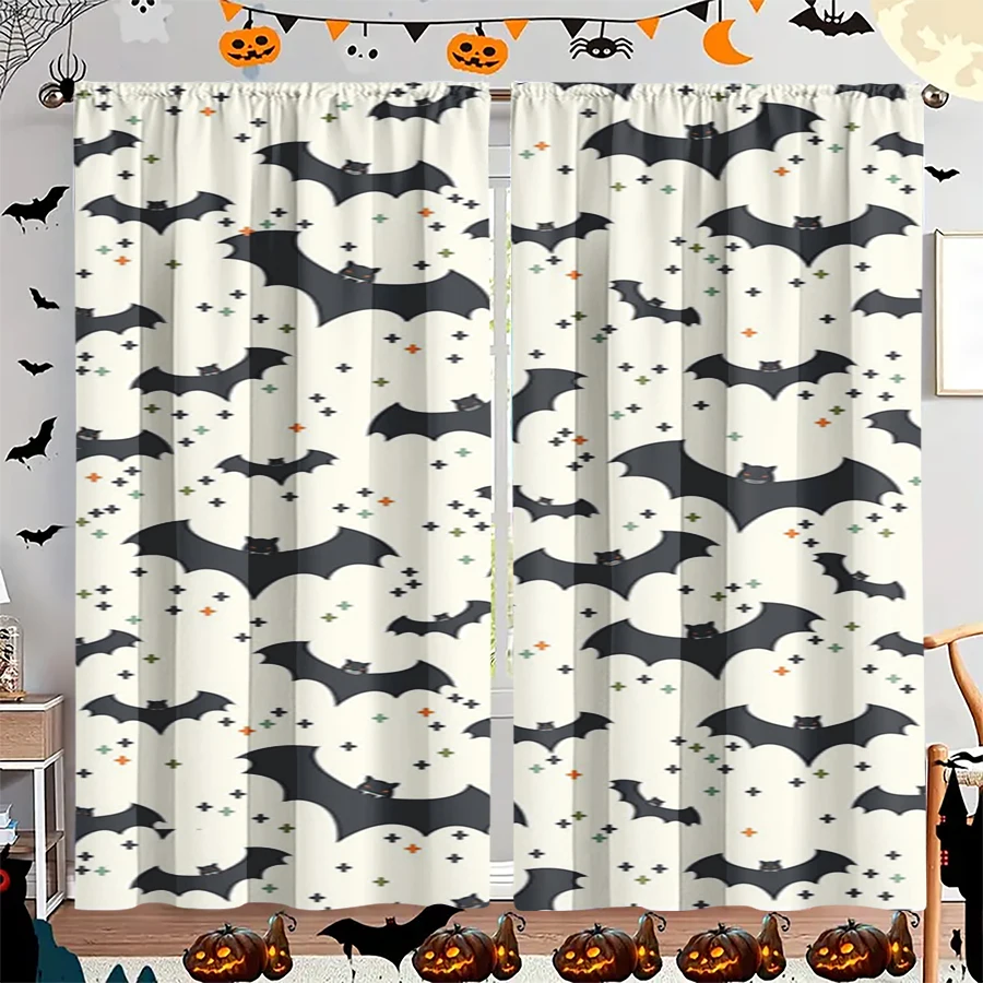 2PCS Digital Print Curtain, Black Bat Colorful Dot White Repeat Pattern, Halloween Simple Cute for Bedroom Living Room