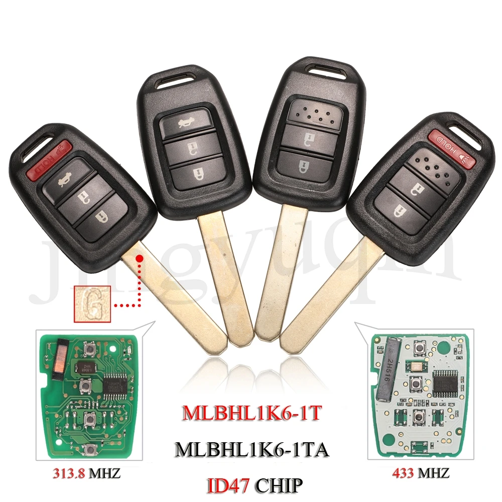 jingyuqin MLBHL1K6-1TA Remote Car Key For Honda Accord Civic City CRV HRV Fit Jazz 2/3/4 Buttons ID47 PCF7961 Chip 313.8/433MHZ