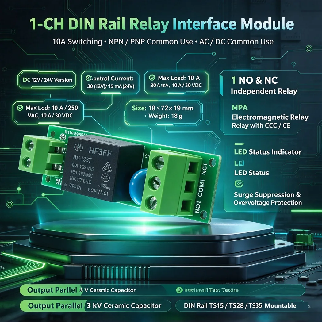 1CH DIN Rail Relay Module 12V/24V 10A NO NC NPN PNP Universal Surge Protection PLC Interface Relay