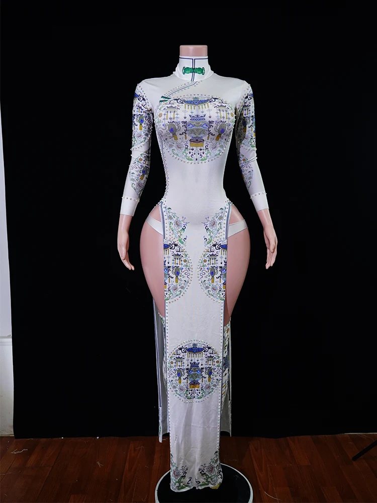 Sexy Chinese Style Printed Long Sleeve High Neck Dress Women High Slit Stage Performance Costume Pole Dance Traditional Chinese