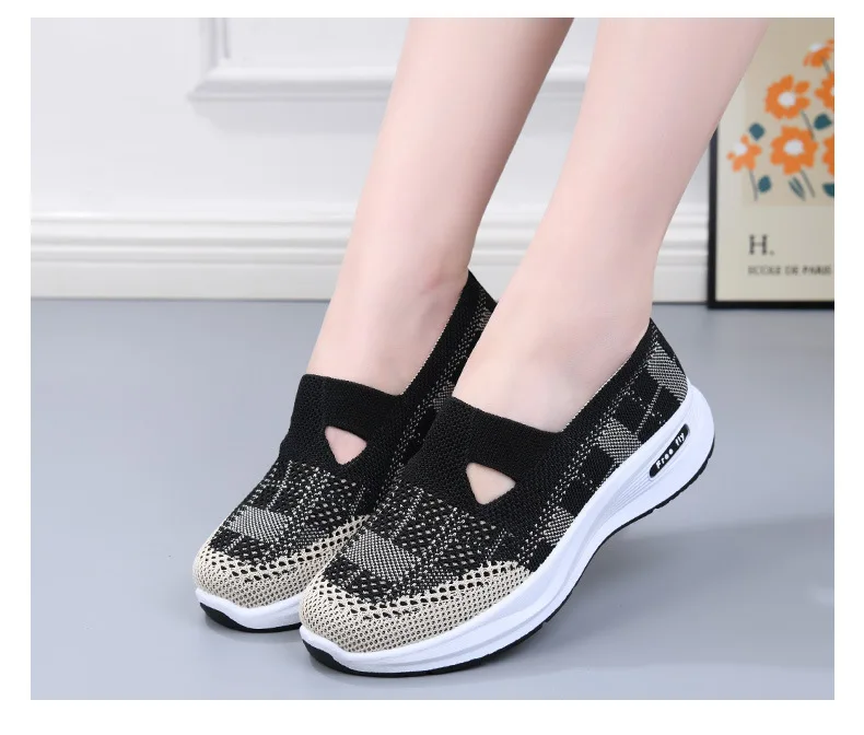 Damen-Slipper aus hohlem Netzstoff, atmungsaktiv, gestrickt, dicke Plattform, leicht, rutschfest, lässige Loafer für Mütter, Senioren, Outdoor – Detail 12